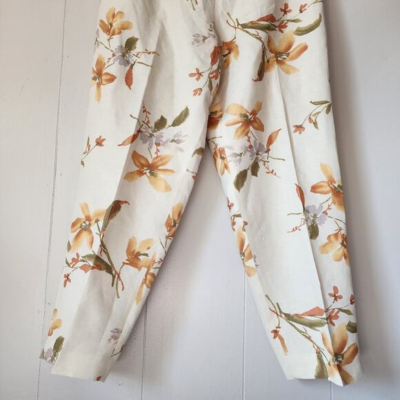 Annie Alexander Floral Wide Leg Hise Rise Linen Pants 14 Cream Orange Trousers - Picture 3 of 9